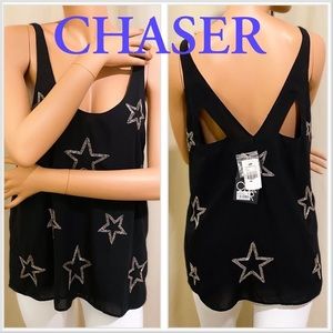 NWT Chaser Brand Golden Star embroidered  tank back cutout detailing Med $128